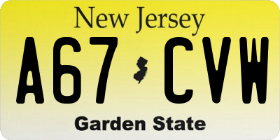 NJ license plate A67CVW