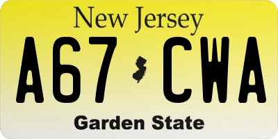NJ license plate A67CWA