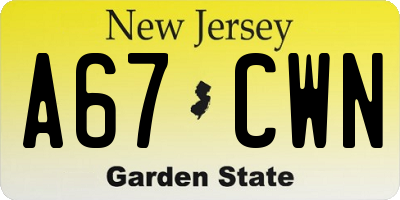 NJ license plate A67CWN