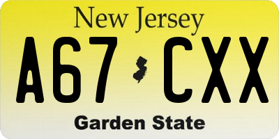 NJ license plate A67CXX