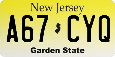 NJ license plate A67CYQ