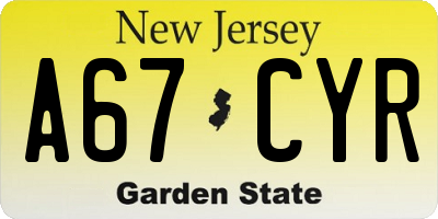 NJ license plate A67CYR