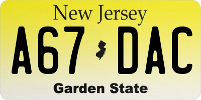 NJ license plate A67DAC