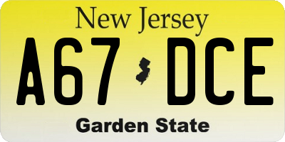 NJ license plate A67DCE