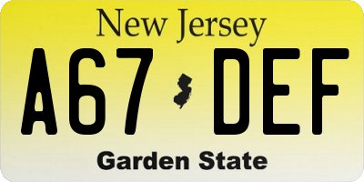 NJ license plate A67DEF