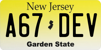 NJ license plate A67DEV