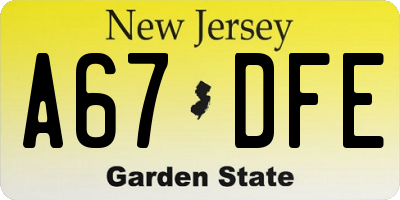 NJ license plate A67DFE