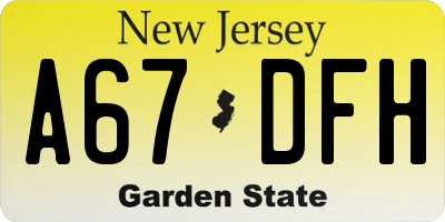 NJ license plate A67DFH