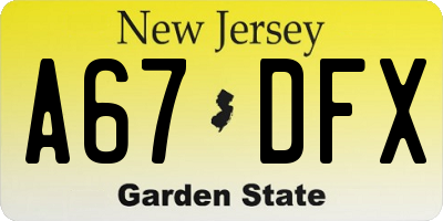 NJ license plate A67DFX