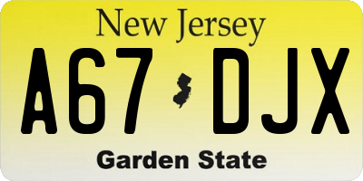 NJ license plate A67DJX