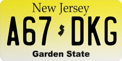 NJ license plate A67DKG
