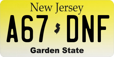 NJ license plate A67DNF