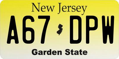 NJ license plate A67DPW