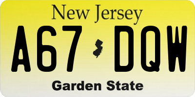 NJ license plate A67DQW
