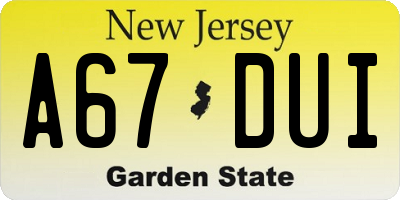 NJ license plate A67DUI
