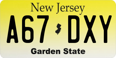 NJ license plate A67DXY