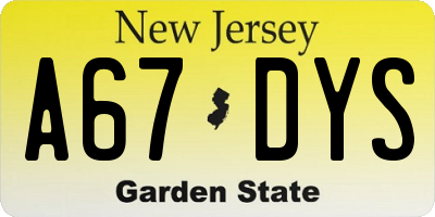 NJ license plate A67DYS