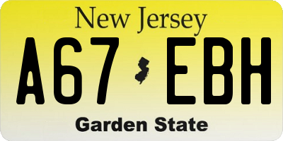 NJ license plate A67EBH