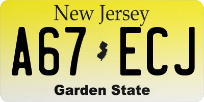 NJ license plate A67ECJ