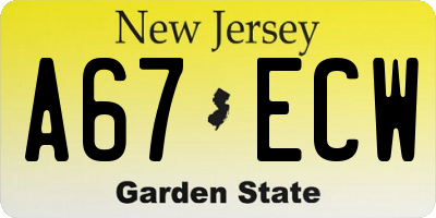 NJ license plate A67ECW