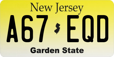NJ license plate A67EQD