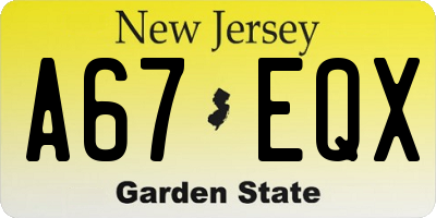 NJ license plate A67EQX