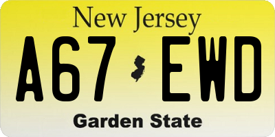 NJ license plate A67EWD