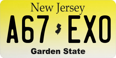 NJ license plate A67EXO