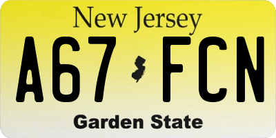 NJ license plate A67FCN