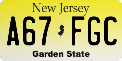 NJ license plate A67FGC
