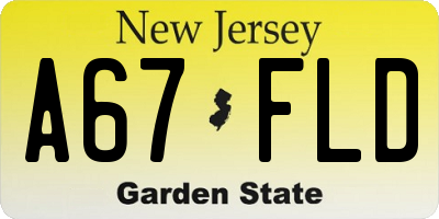 NJ license plate A67FLD