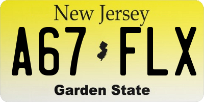 NJ license plate A67FLX
