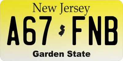NJ license plate A67FNB