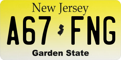 NJ license plate A67FNG