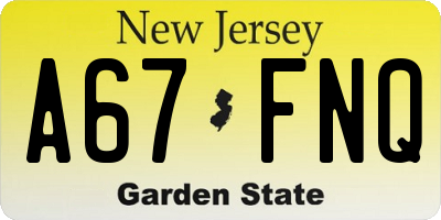 NJ license plate A67FNQ