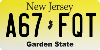 NJ license plate A67FQT