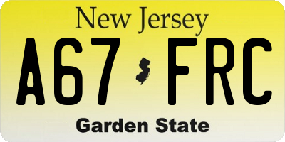 NJ license plate A67FRC