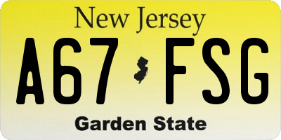 NJ license plate A67FSG