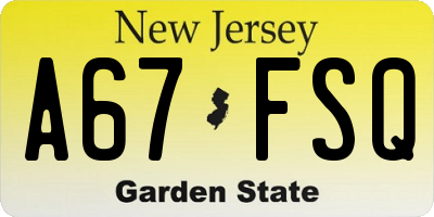 NJ license plate A67FSQ