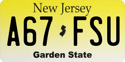 NJ license plate A67FSU