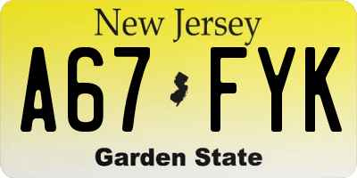 NJ license plate A67FYK