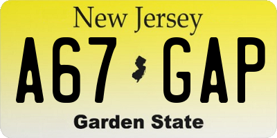 NJ license plate A67GAP