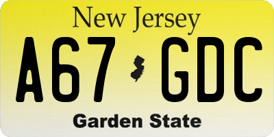 NJ license plate A67GDC