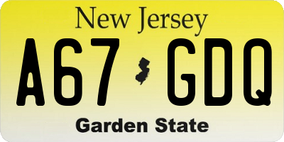 NJ license plate A67GDQ