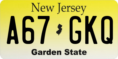 NJ license plate A67GKQ