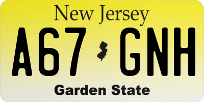 NJ license plate A67GNH