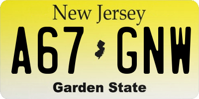 NJ license plate A67GNW