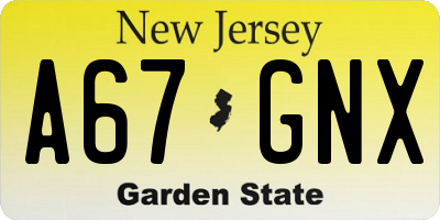 NJ license plate A67GNX