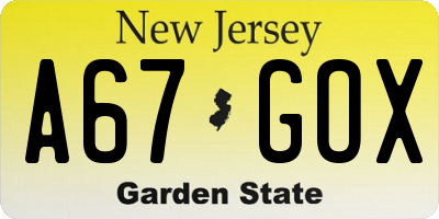 NJ license plate A67GOX