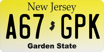 NJ license plate A67GPK